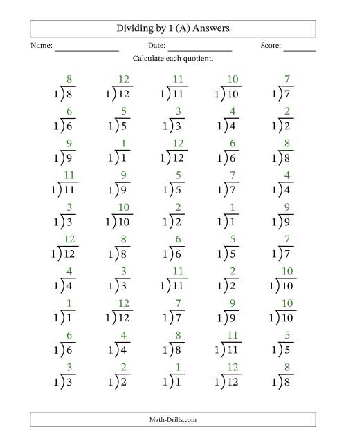 The Division Facts by a Fixed Divisor (1) and Quotients from 1 to 12 with Long Division Symbol/Bracket (50 questions) (A) Math Worksheet Page 2
