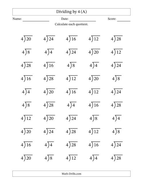 The Division Facts by a Fixed Divisor (4) and Quotients from 1 to 7 with Long Division Symbol/Bracket (50 questions) (A) Math Worksheet