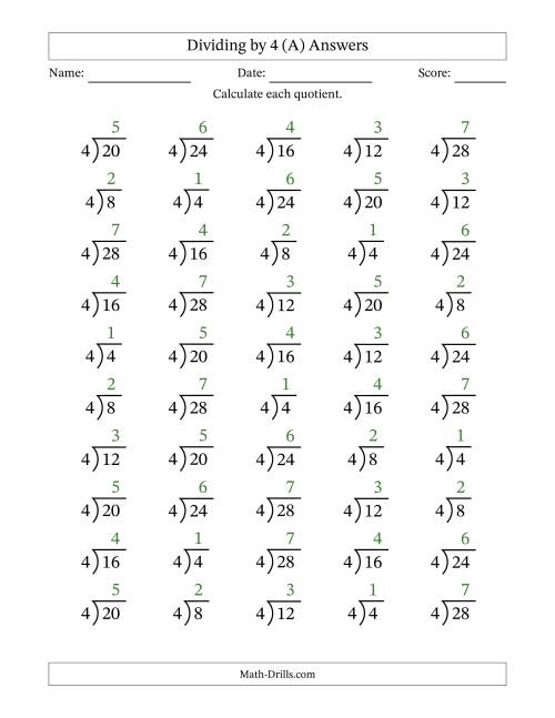 The Division Facts by a Fixed Divisor (4) and Quotients from 1 to 7 with Long Division Symbol/Bracket (50 questions) (A) Math Worksheet Page 2