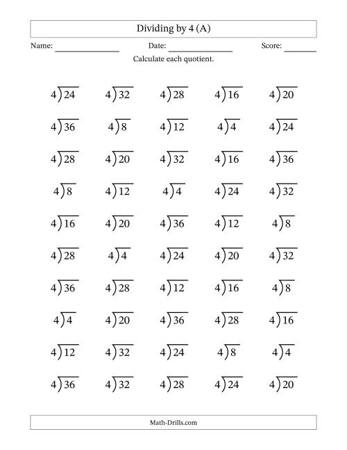 The Division Facts by a Fixed Divisor (4) and Quotients from 1 to 9 with Long Division Symbol/Bracket (50 questions) (A) Math Worksheet