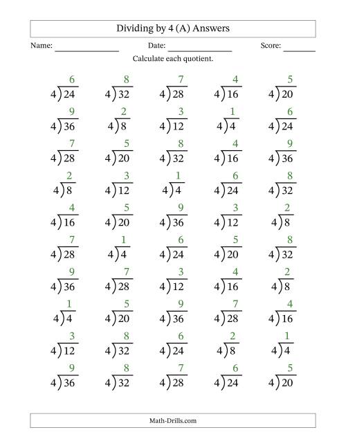 The Division Facts by a Fixed Divisor (4) and Quotients from 1 to 9 with Long Division Symbol/Bracket (50 questions) (A) Math Worksheet Page 2