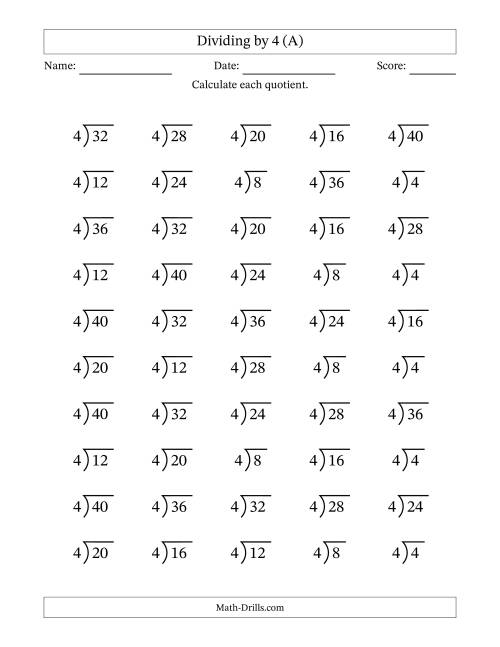 The Division Facts by a Fixed Divisor (4) and Quotients from 1 to 10 with Long Division Symbol/Bracket (50 questions) (A) Math Worksheet