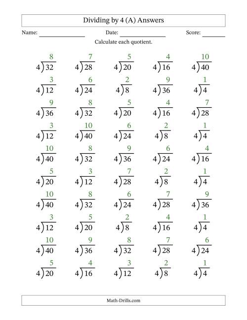 The Division Facts by a Fixed Divisor (4) and Quotients from 1 to 10 with Long Division Symbol/Bracket (50 questions) (A) Math Worksheet Page 2