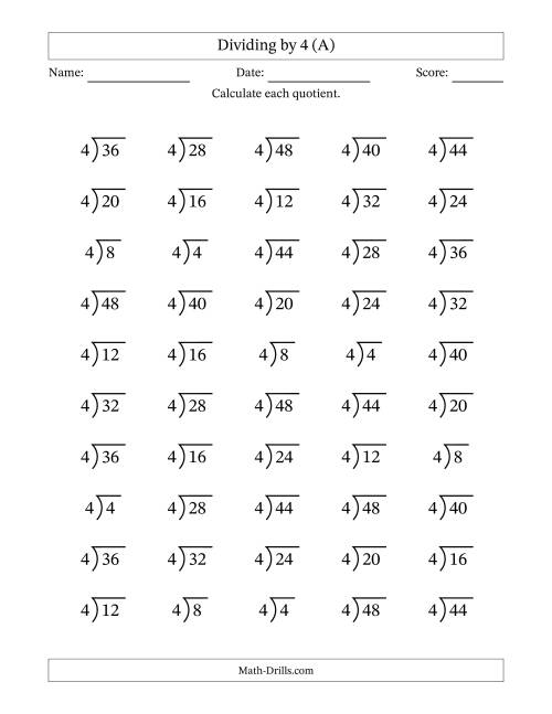 The Division Facts by a Fixed Divisor (4) and Quotients from 1 to 12 with Long Division Symbol/Bracket (50 questions) (A) Math Worksheet