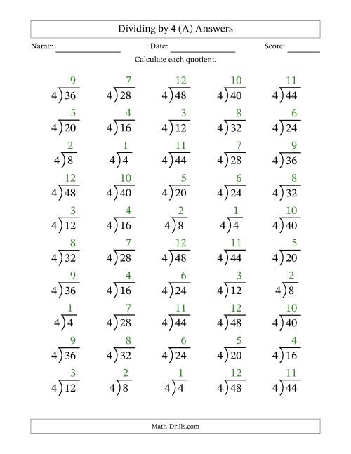 The Division Facts by a Fixed Divisor (4) and Quotients from 1 to 12 with Long Division Symbol/Bracket (50 questions) (A) Math Worksheet Page 2