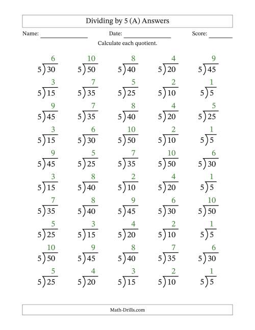 The Division Facts by a Fixed Divisor (5) and Quotients from 1 to 10 with Long Division Symbol/Bracket (50 questions) (A) Math Worksheet Page 2