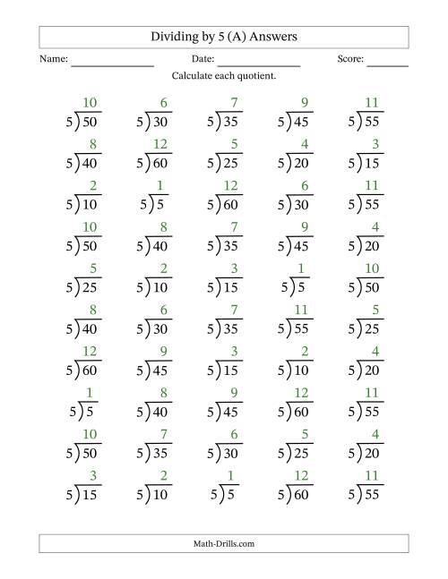 The Division Facts by a Fixed Divisor (5) and Quotients from 1 to 12 with Long Division Symbol/Bracket (50 questions) (A) Math Worksheet Page 2
