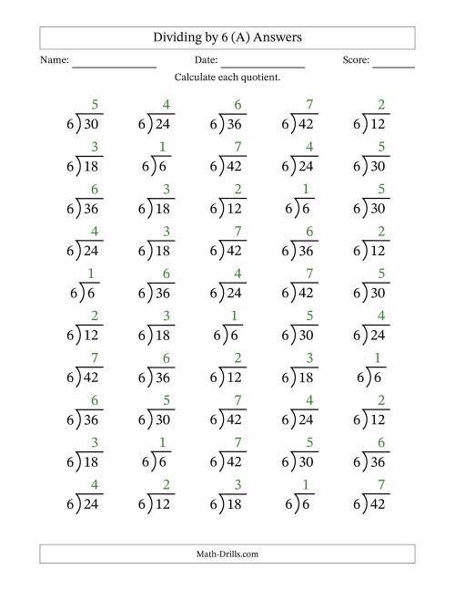 The Division Facts by a Fixed Divisor (6) and Quotients from 1 to 7 with Long Division Symbol/Bracket (50 questions) (A) Math Worksheet Page 2