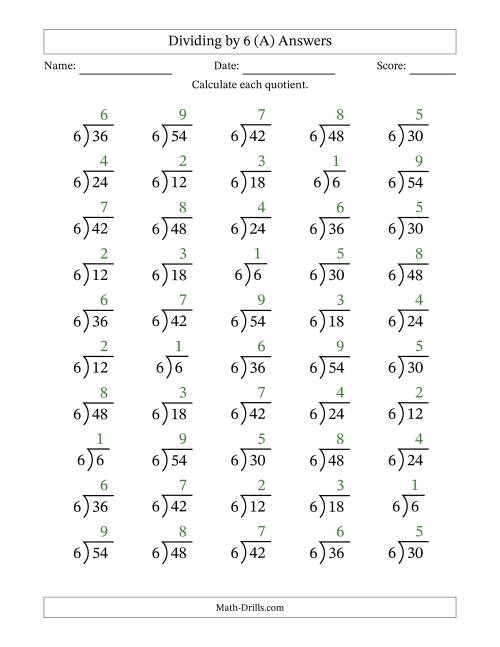 The Division Facts by a Fixed Divisor (6) and Quotients from 1 to 9 with Long Division Symbol/Bracket (50 questions) (A) Math Worksheet Page 2