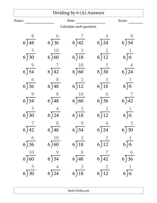 The Division Facts by a Fixed Divisor (6) and Quotients from 1 to 10 with Long Division Symbol/Bracket (50 questions) (A) Math Worksheet Page 2