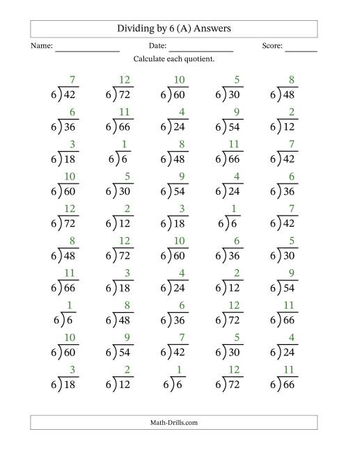 The Division Facts by a Fixed Divisor (6) and Quotients from 1 to 12 with Long Division Symbol/Bracket (50 questions) (A) Math Worksheet Page 2