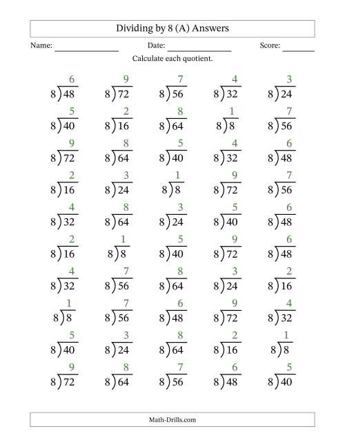 The Division Facts by a Fixed Divisor (8) and Quotients from 1 to 9 with Long Division Symbol/Bracket (50 questions) (A) Math Worksheet Page 2
