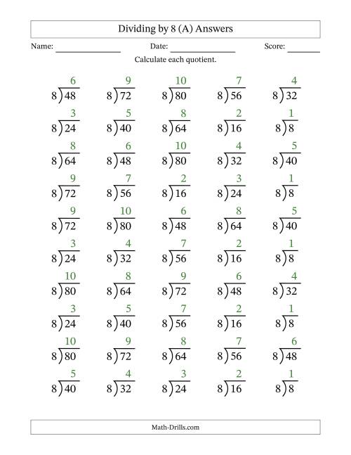 The Division Facts by a Fixed Divisor (8) and Quotients from 1 to 10 with Long Division Symbol/Bracket (50 questions) (A) Math Worksheet Page 2