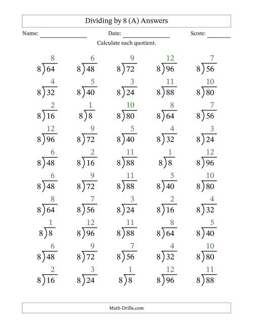 The Division Facts by a Fixed Divisor (8) and Quotients from 1 to 12 with Long Division Symbol/Bracket (50 questions) (A) Math Worksheet Page 2
