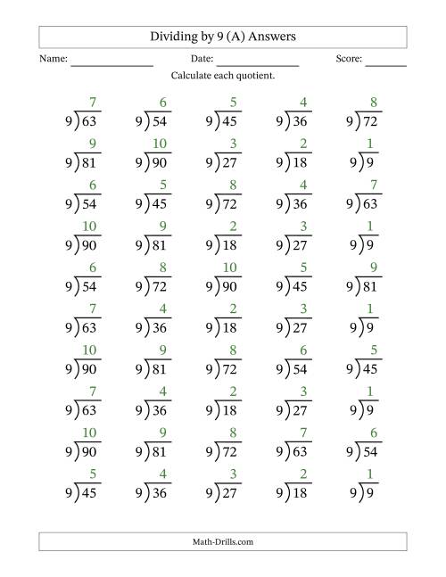 The Division Facts by a Fixed Divisor (9) and Quotients from 1 to 10 with Long Division Symbol/Bracket (50 questions) (A) Math Worksheet Page 2