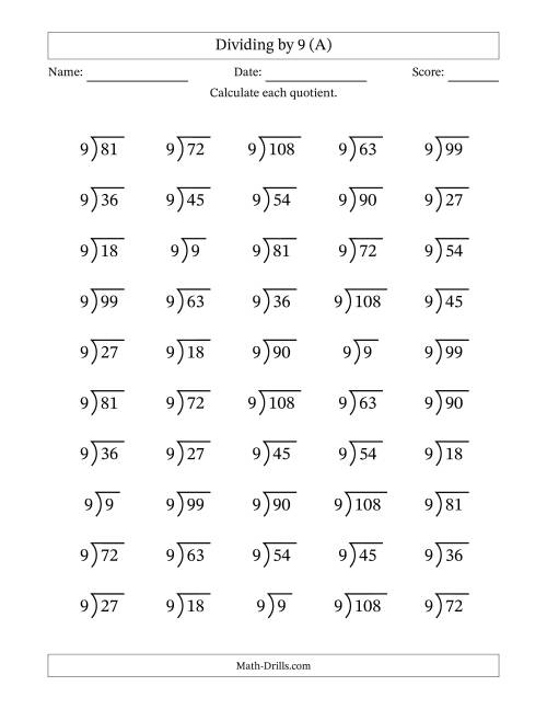 The Division Facts by a Fixed Divisor (9) and Quotients from 1 to 12 with Long Division Symbol/Bracket (50 questions) (A) Math Worksheet