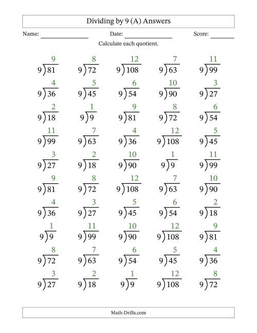 The Division Facts by a Fixed Divisor (9) and Quotients from 1 to 12 with Long Division Symbol/Bracket (50 questions) (A) Math Worksheet Page 2
