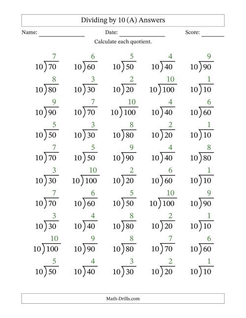 The Division Facts by a Fixed Divisor (10) and Quotients from 1 to 10 with Long Division Symbol/Bracket (50 questions) (A) Math Worksheet Page 2