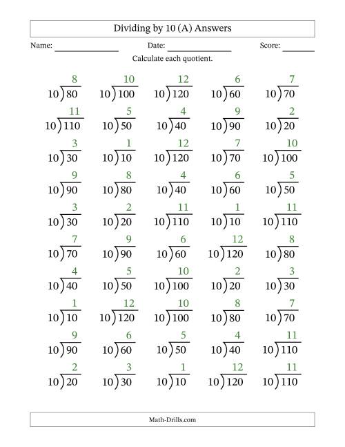 The Division Facts by a Fixed Divisor (10) and Quotients from 1 to 12 with Long Division Symbol/Bracket (50 questions) (A) Math Worksheet Page 2