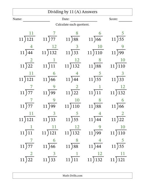 The Division Facts by a Fixed Divisor (11) and Quotients from 1 to 12 with Long Division Symbol/Bracket (50 questions) (A) Math Worksheet Page 2