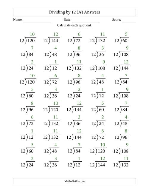 The Division Facts by a Fixed Divisor (12) and Quotients from 1 to 12 with Long Division Symbol/Bracket (50 questions) (A) Math Worksheet Page 2
