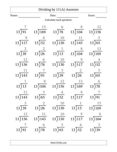 The Division Facts by a Fixed Divisor (13) and Quotients from 1 to 13 with Long Division Symbol/Bracket (50 questions) (A) Math Worksheet Page 2
