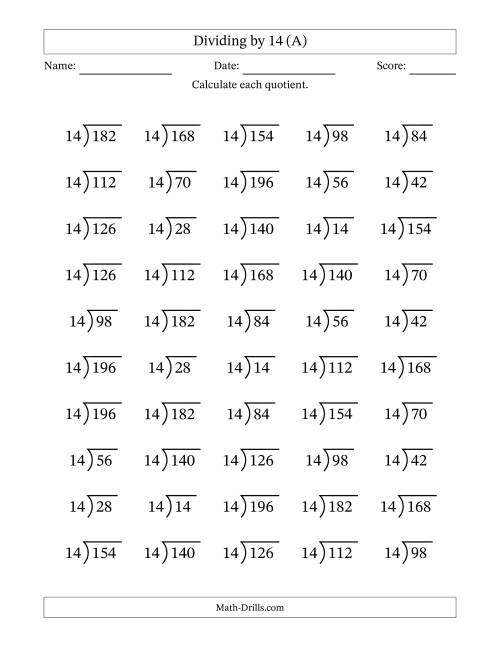 The Division Facts by a Fixed Divisor (14) and Quotients from 1 to 14 with Long Division Symbol/Bracket (50 questions) (A) Math Worksheet