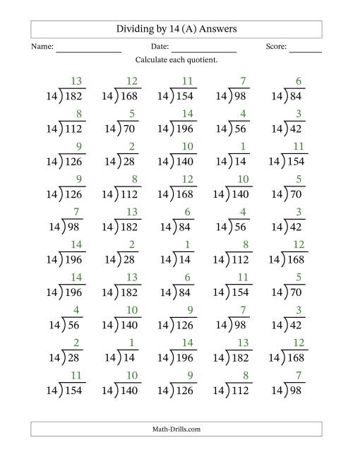 The Division Facts by a Fixed Divisor (14) and Quotients from 1 to 14 with Long Division Symbol/Bracket (50 questions) (A) Math Worksheet Page 2