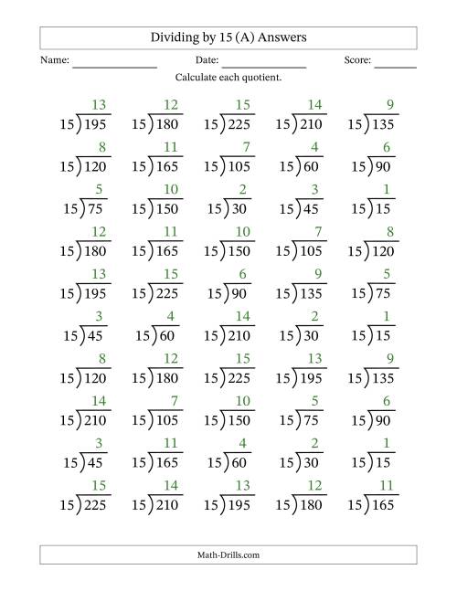 The Division Facts by a Fixed Divisor (15) and Quotients from 1 to 15 with Long Division Symbol/Bracket (50 questions) (A) Math Worksheet Page 2