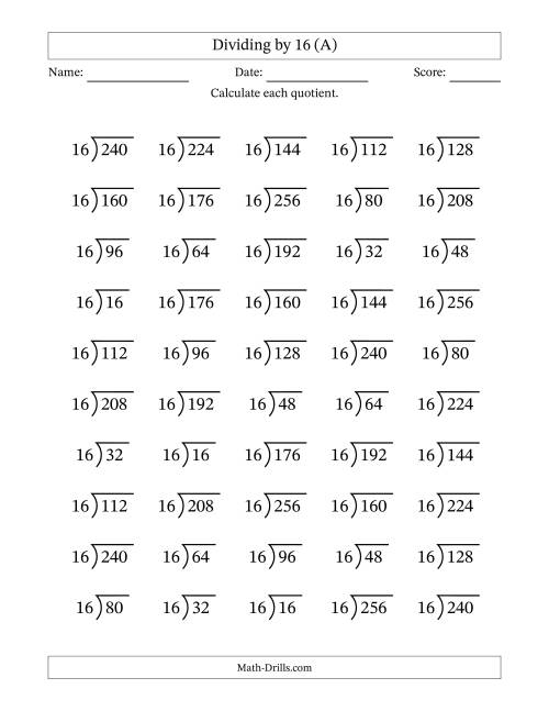 The Division Facts by a Fixed Divisor (16) and Quotients from 1 to 16 with Long Division Symbol/Bracket (50 questions) (A) Math Worksheet