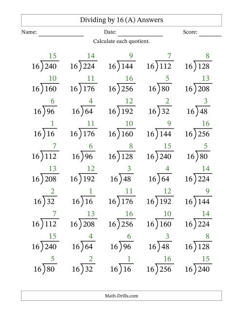 The Division Facts by a Fixed Divisor (16) and Quotients from 1 to 16 with Long Division Symbol/Bracket (50 questions) (A) Math Worksheet Page 2