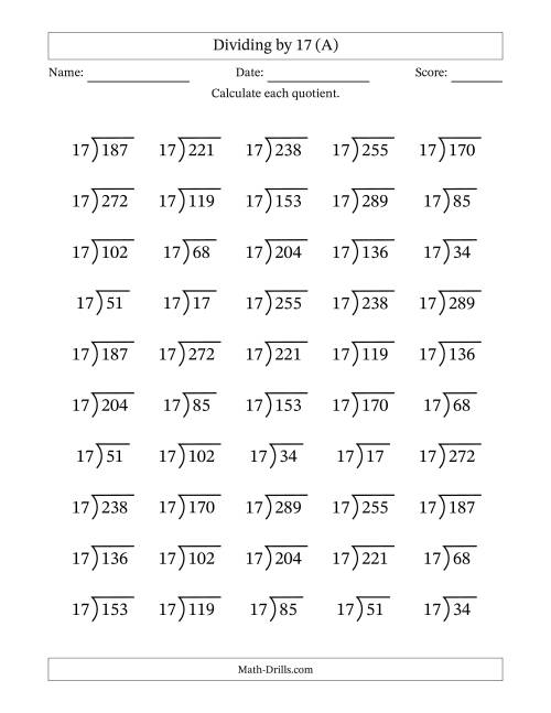 The Division Facts by a Fixed Divisor (17) and Quotients from 1 to 17 with Long Division Symbol/Bracket (50 questions) (A) Math Worksheet