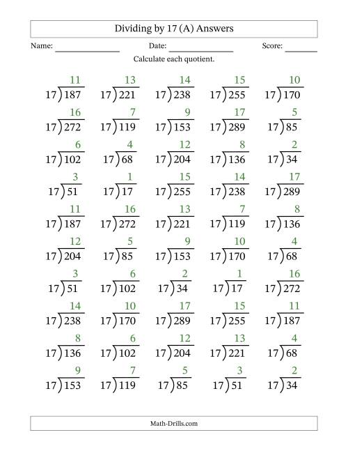The Division Facts by a Fixed Divisor (17) and Quotients from 1 to 17 with Long Division Symbol/Bracket (50 questions) (A) Math Worksheet Page 2