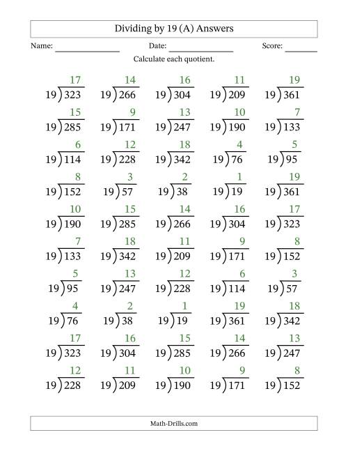 The Division Facts by a Fixed Divisor (19) and Quotients from 1 to 19 with Long Division Symbol/Bracket (50 questions) (A) Math Worksheet Page 2