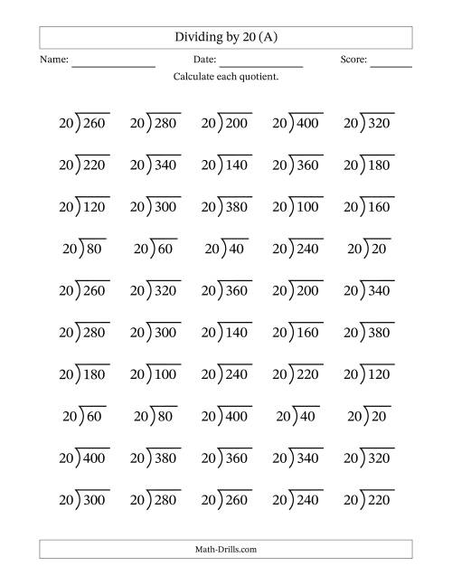 The Division Facts by a Fixed Divisor (20) and Quotients from 1 to 20 with Long Division Symbol/Bracket (50 questions) (A) Math Worksheet