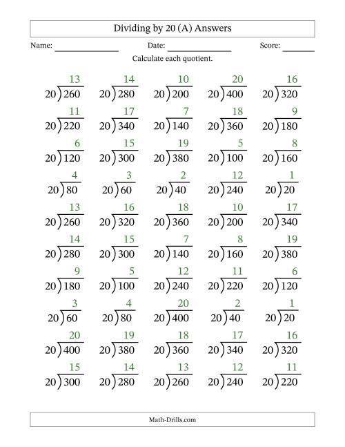 The Division Facts by a Fixed Divisor (20) and Quotients from 1 to 20 with Long Division Symbol/Bracket (50 questions) (A) Math Worksheet Page 2