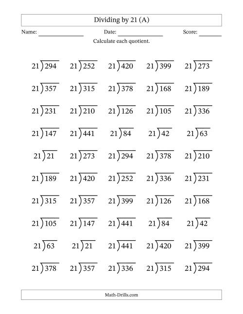 The Division Facts by a Fixed Divisor (21) and Quotients from 1 to 21 with Long Division Symbol/Bracket (50 questions) (A) Math Worksheet