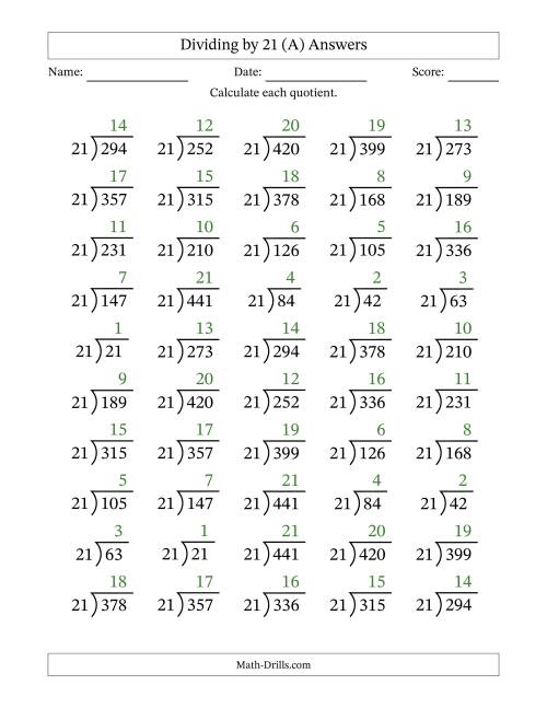 The Division Facts by a Fixed Divisor (21) and Quotients from 1 to 21 with Long Division Symbol/Bracket (50 questions) (A) Math Worksheet Page 2