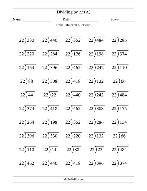 The Division Facts by a Fixed Divisor (22) and Quotients from 1 to 22 with Long Division Symbol/Bracket (50 questions) (A) Math Worksheet