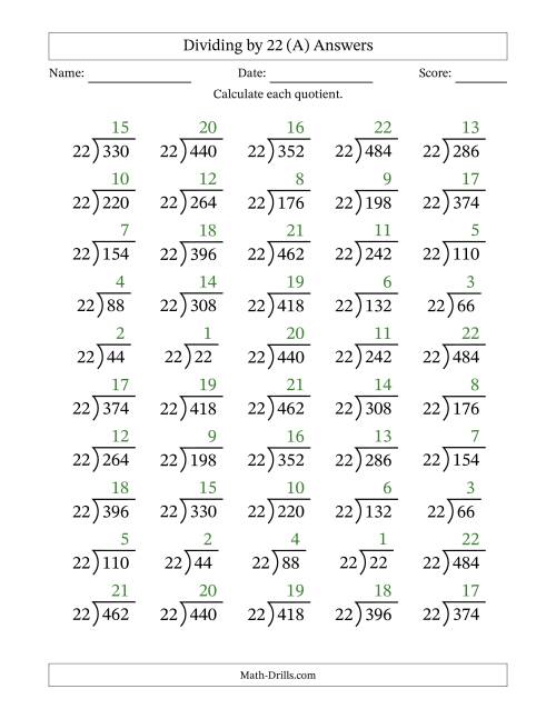 The Division Facts by a Fixed Divisor (22) and Quotients from 1 to 22 with Long Division Symbol/Bracket (50 questions) (A) Math Worksheet Page 2
