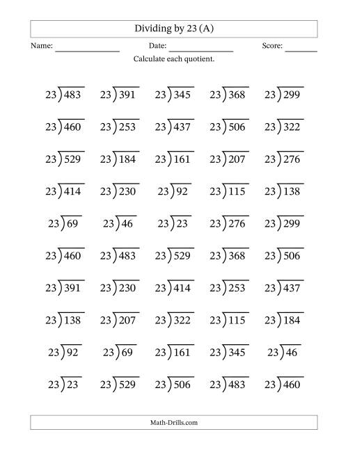 The Division Facts by a Fixed Divisor (23) and Quotients from 1 to 23 with Long Division Symbol/Bracket (50 questions) (A) Math Worksheet