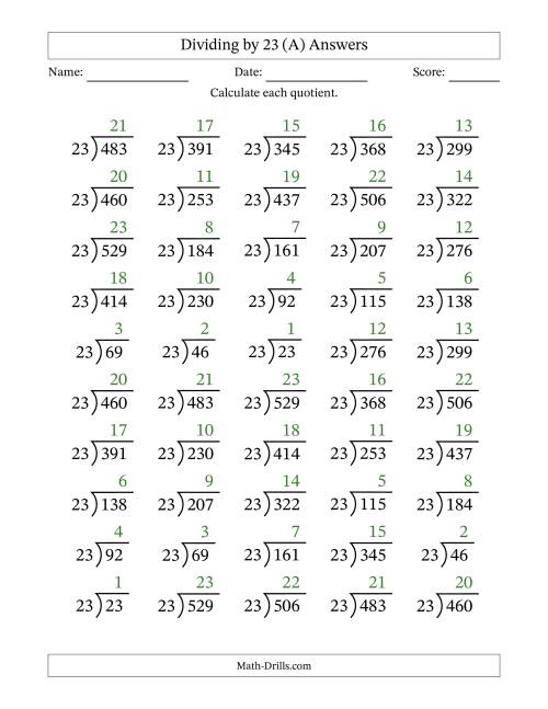 The Division Facts by a Fixed Divisor (23) and Quotients from 1 to 23 with Long Division Symbol/Bracket (50 questions) (A) Math Worksheet Page 2