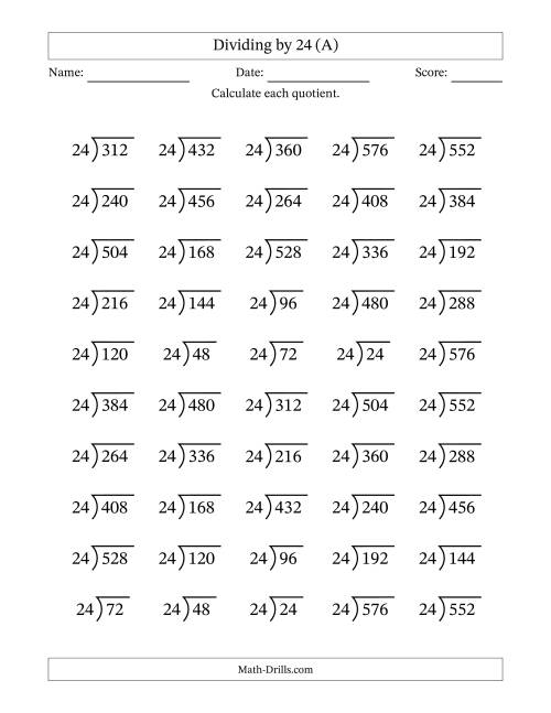 The Division Facts by a Fixed Divisor (24) and Quotients from 1 to 24 with Long Division Symbol/Bracket (50 questions) (A) Math Worksheet