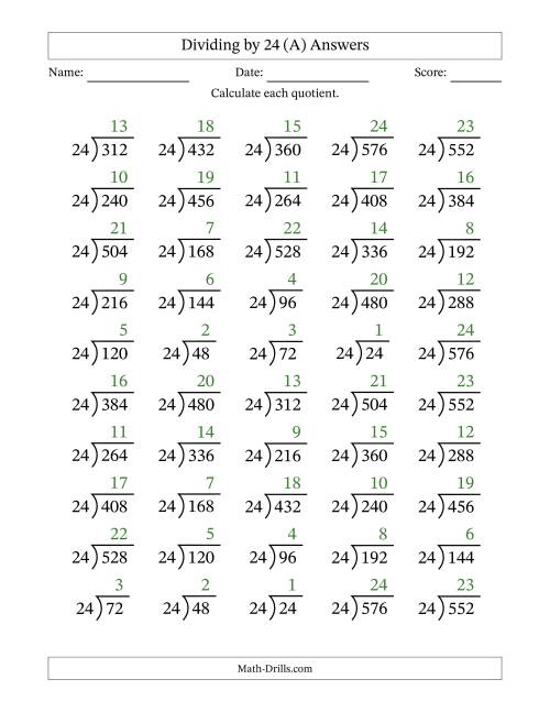 The Division Facts by a Fixed Divisor (24) and Quotients from 1 to 24 with Long Division Symbol/Bracket (50 questions) (A) Math Worksheet Page 2
