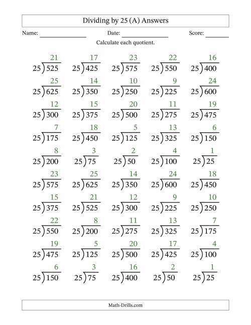 The Division Facts by a Fixed Divisor (25) and Quotients from 1 to 25 with Long Division Symbol/Bracket (50 questions) (A) Math Worksheet Page 2