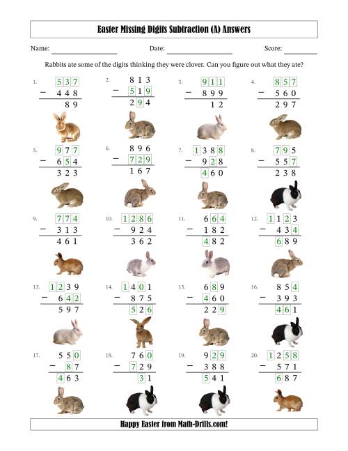The Easter Missing Digits Subtraction (Easier Version) (A) Math Worksheet Page 2
