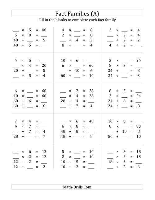 Multiplication And Division Fact Family Worksheets