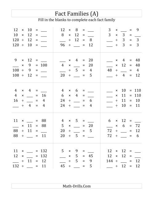 The Multiplication and Division Relationships with Products to 144 (A) Math Worksheet