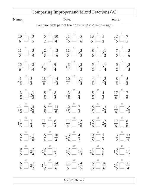 The Comparing Improper and Mixed Fractions to Sixths (A) Math Worksheet