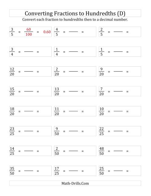 The Converting Fractions to Hundredths (D) Math Worksheet